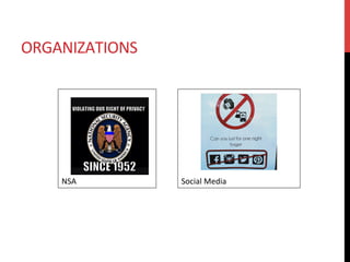 ORGANIZATIONS	
	
	
	
	
	
	
	
	
NSA	
	
	
	
	
	
	
	
	
Social	Media	
 