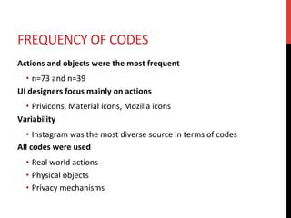 FREQUENCY	OF	CODES	
Actions	and	objects	were	the	most	frequent	
•  n=73	and	n=39	
UI	designers	focus	mainly	on	actions	
•  Privicons,	Material	icons,	Mozilla	icons	
Variability	
•  Instagram	was	the	most	diverse	source	in	terms	of	codes	
All	codes	were	used		
•  Real	world	actions	
•  Physical	objects	
•  Privacy	mechanisms	
 