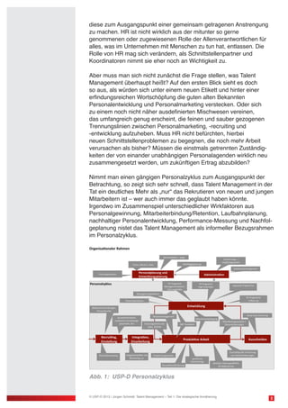 diese zum Ausgangspunkt einer gemeinsam getragenen Anstrengung
zu machen. HR ist nicht wirklich aus der mitunter so gerne
genommenen oder zugewiesenen Rolle der Allenverantwortlichen für
alles, was im Unternehmen mit Menschen zu tun hat, entlassen. Die
Rolle von HR mag sich verändern, als Schnittstellenpartner und
Koordinatoren nimmt sie eher noch an Wichtigkeit zu.
Aber muss man sich nicht zunächst die Frage stellen, was Talent
Management überhaupt heißt? Auf den ersten Blick sieht es doch
so aus, als würden sich unter einem neuen Etikett und hinter einer
erfindungsreichen Wortschöpfung die guten alten Bekannten
Personalentwicklung und Personalmarketing verstecken. Oder sich
zu einem noch nicht näher ausdefinierten Mischwesen vereinen,
das umfangreich genug erscheint, die feinen und sauber gezogenen
Trennungslinien zwischen Personalmarketing, -recruiting und
-entwicklung aufzuheben. Muss HR nicht befürchten, hierbei
neuen Schnittstellenproblemen zu begegnen, die noch mehr Arbeit
verursachen als bisher? Müssen die einstmals getrennten Zuständig-
keiten der von einander unabhängigen Personalagenden wirklich neu
zusammengesetzt werden, um zukünftigen Ertrag abzubilden?
Nimmt man einen gängigen Personalzyklus zum Ausgangspunkt der
Betrachtung, so zeigt sich sehr schnell, dass Talent Management in der
Tat ein deutliches Mehr als „nur“ das Rekrutieren von neuen und jungen
Mitarbeitern ist – wer auch immer das geglaubt haben könnte.
Irgendwo im Zusammenspiel unterschiedlicher Wirkfaktoren aus
Personalgewinnung, Mitarbeiterbindung/Retention, Laufbahnplanung,
nachhaltiger Personalentwicklung, Performance-Messung und Nachfol-
geplanung nistet das Talent Management als informeller Bezugsrahmen
im Personalzyklus.
3© USP-D 2013 / Jürgen Schmidt: Talent Management – Teil 1: Die strategische Annäherung
Abb. 1: USP-D Personalzyklus
 