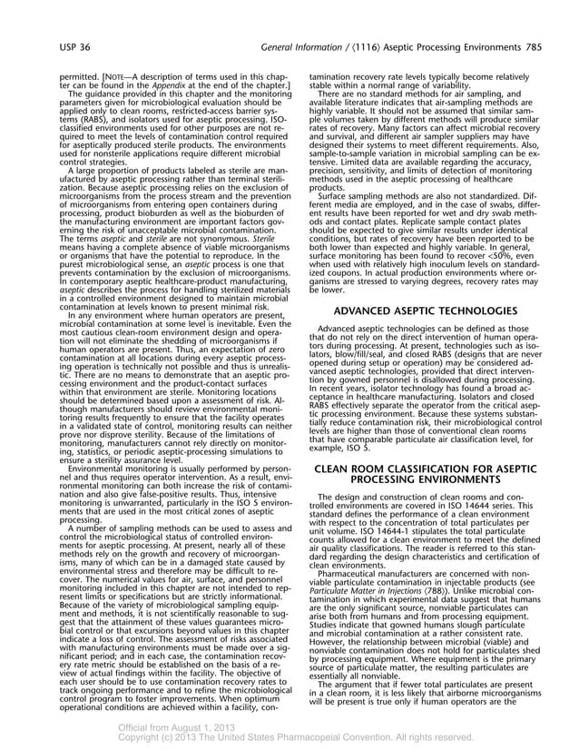 Usp 36 Chapter 1116 environment monitoring | PDF
