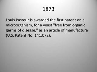 1873Louis Pasteur is awarded the first patent on a microorganism, for a yeast "free from organic germs of disease," as an article of manufacture (U.S. Patent No. 141,072).