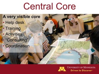 Central Core
A very visible core
• Help desk
• Training
• Activities
• “Consulting”
• Coordination
 