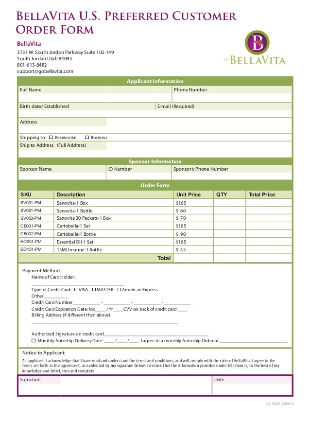 bellavita usa preferred customer order form april 2015 sku full form