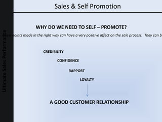 Sales & Self Promotion WHY DO WE NEED TO SELF – PROMOTE? CREDIBILITY A few points made in the right way can have a very positive affect on the sale process.  They can build: CONFIDENCE RAPPORT LOYALTY A GOOD CUSTOMER RELATIONSHIP 