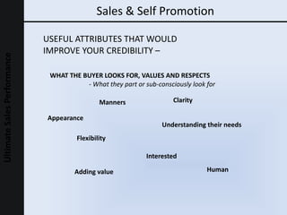 Sales & Self Promotion USEFUL ATTRIBUTES THAT WOULD  IMPROVE YOUR CREDIBILITY –  Appearance Manners Clarity Flexibility Adding value Human  Understanding their needs  Interested WHAT THE BUYER LOOKS FOR, VALUES AND RESPECTS -  What they part or sub-consciously look for 