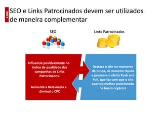 SEO e Links Patrocinados devem ser utilizados
! de maneira complementar
                     SEO              Links Patrocinados




       Influencia positivamente no
          índice de qualidade das     Destaca o site no momento
            campanhas de Links       de busca, de maneira rápida
               Patrocinados.         e promove o efeito Push and
                                      Pull, que faz com que o site
                                     apareça melhor posicionado
        Aumenta a Relevância e              na busca orgânica
            diminui o CPC
 