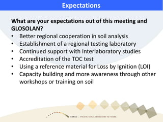 What are your expectations out of this meeting and
GLOSOLAN?
• Better regional cooperation in soil analysis
• Establishment of a regional testing laboratory
• Continued support with Interlaboratory studies
• Accreditation of the TOC test
• Using a reference material for Loss by Ignition (LOI)
• Capacity building and more awareness through other
workshops or training on soil
Expectations
 