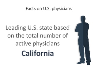 Facts on U.S. physicians
Leading U.S. state based
on the total number of
active physicians
California
 