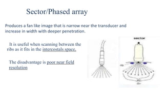 Sector/Phased array
Produces a fan like image that is narrow near the transducer and
increase in width with deeper penetration.
It is useful when scanning between the
ribs as it fits in the intercostals space.
The disadvantage is poor near field
resolution
 