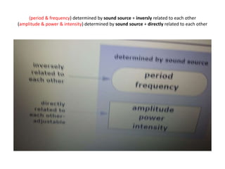 (period & frequency) determined by sound source + inversly related to each other
(amplitude & power & intensity) determined by sound source + directly related to each other
 