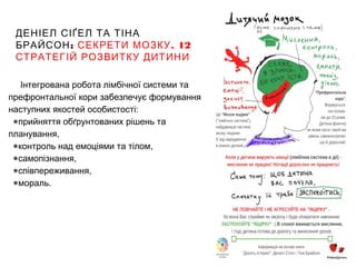 ДЕНІЕЛ СІҐЕЛ ТА ТІНА
:БРАЙСОН . 12СЕКРЕТИ МОЗКУ
СТРАТЕГІЙ РОЗВИТКУ ДИТИНИ
Інтегрована робота лімбічної системи та
префронтальної кори забезпечує формування
наступних якостей особистості:
●прийняття обґрунтованих рішень та
планування,
●контроль над емоціями та тілом,
●самопізнання,
●співпереживання,
●мораль.
 