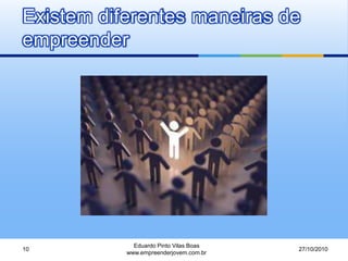 Existem diferentes maneiras de
empreender
27/10/2010
Eduardo Pinto Vilas Boas
www.empreenderjovem.com.br
10
 