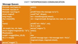 UNIT 7 INTERPROCESSES COMMUNICATION
Message Queues
PROF. SYED MUSTAFA, HKBKCE 100
#include <sys/types.h>
#include <sys/ipc.h>
#include <sys/msg.h>
struct msgbuf{
long mtype;
char mtext[40];
};
main()
{
int msqid, len, ret, type;
struct msgbuf msgread={0, "0"};
fflush(stdin);
msqid = msgget((key_t)5,0);
if(-1 == msqid)
{
perror("msgget:");
exit(1);
}
printf("Enter the message no:n");
scanf("%d", &type);
len = sizeof(msgread.mtext);
ret = msgrcv(msqid, &msgread, len, type, IPC_NOWAIT );
printf("ret = %dn", ret);
if(-1 == ret){
perror("msgrcv:");
exit(1);
}
else
printf("message type = %d message text = %sn",
msgread.mtype, msgread.mtext);
}
 