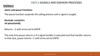 UNIT 6 SIGNALS AND DAEMON PROCESSES
SIGNALS
19PROF. SYED MUSTAFA, HKBKCE
alarm and pause Functions
The pause function suspends the calling process until a signal is caught.
#include <unistd.h>
int pause(void);
Returns: –1 with errno set to EINTR
The only time pause returns is if a signal handler is executed and that handler returns.
In that case, pause returns –1 with errno set to EINTR.
 