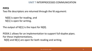 UNIT 7 INTERPROCESSES COMMUNICATION
PIPES
Two file descriptors are returned through the fd argument:
fd[0] is open for reading, and
fd[1] is open for writing.
The output of fd[1] is the input for fd[0].
POSIX.1 allows for an implementation to support full-duplex pipes.
For these implementations,
fd[0] and fd[1] are open for both reading and writing.
59PROF. SYED MUSTAFA, HKBKCE
 