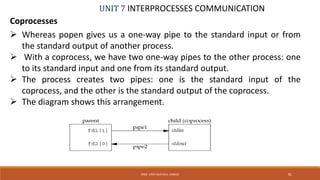 UNIT 7 INTERPROCESSES COMMUNICATION
Coprocesses
PROF. SYED MUSTAFA, HKBKCE 81
 Whereas popen gives us a one-way pipe to the standard input or from
the standard output of another process.
 With a coprocess, we have two one-way pipes to the other process: one
to its standard input and one from its standard output.
 The process creates two pipes: one is the standard input of the
coprocess, and the other is the standard output of the coprocess.
 The diagram shows this arrangement.
 