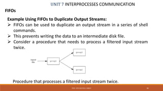 UNIT 7 INTERPROCESSES COMMUNICATION
FIFOs
PROF. SYED MUSTAFA, HKBKCE 85
Example Using FIFOs to Duplicate Output Streams:
 FIFOs can be used to duplicate an output stream in a series of shell
commands.
 This prevents writing the data to an intermediate disk file.
 Consider a procedure that needs to process a filtered input stream
twice.
Procedure that processes a filtered input stream twice.
 