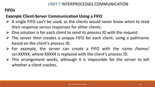 UNIT 7 INTERPROCESSES COMMUNICATION
FIFOs
PROF. SYED MUSTAFA, HKBKCE 89
Example Client-Server Communication Using a FIFO
 A single FIFO can’t be used, as the clients would never know when to read
their response versus responses for other clients.
 One solution is for each client to send its process ID with the request.
 The server then creates a unique FIFO for each client, using a pathname
based on the client’s process ID.
 For example, the server can create a FIFO with the name /home/
ser.XXXXX, where XXXXX is replaced with the client’s process ID.
 This arrangement works, although it is impossible for the server to tell
whether a client crashes.
 