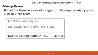 UNIT 7 INTERPROCESSES COMMUNICATION
Message Queues
PROF. SYED MUSTAFA, HKBKCE 94
The first function normally called is msgget() to either open an existing queue
or create a new queue.
 