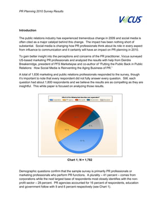 PR Planning 2010 Survey Results




    Introduction

    The public relations industry has experienced tremendous change in 2009 and social media is
    often cited as a major catalyst behind this change. The impact has been nothing short of
    substantial. Social media is changing how PR professionals think about its role in every aspect
    from influence to communication and it certainly will have an impact on PR planning in 2010.

    To gain better insight into the perceptions and concerns of the PR practitioner, Vocus surveyed
    US-based marketing PR professionals and analyzed the results with help from Deirdre
    Breakenridge, president of PFS Marketwyse and co-author of “Putting the Public Back in Public
    Relations: How Social Media is Reinventing the Aging Business of PR.”

    A total of 1,836 marketing and public relations professionals responded to the survey, though
    it’s important to note that every respondent did not fully answer every question. Still, each
    question had about 1,800 respondents and we believe the results are as compelling as they are
    insightful. This white paper is focused on analyzing those results.




                                         Chart 1; N = 1,782


    Demographic questions confirm that the sample survey is primarily PR professionals or
    marketing professionals who perform PR functions. A plurality – 41 percent – comes from
    corporations while the next largest base of respondents most closely identifies with the non-
    profit sector – 28 percent. PR agencies accounted for 16 percent of respondents, education
    and government follow with 9 and 6 percent respectively (see Chart 1).




3
 