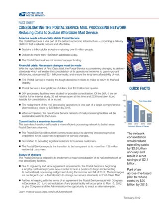 FACT SHEET
CONSOLIDATING THE POSTAL SERVICE MAIL PROCESSING NETWORK
Reducing Costs to Sustain Affordable Mail Service
America needs a financially stable Postal Service
The Postal Service is a vital part of the nation’s economic infrastructure — providing a delivery
platform that is reliable, secure and affordable.

 Sustains a trillion dollar industry employing over 8 million people.

 Delivers to more than 150 million addresses a day.

 The Postal Service does not receive taxpayer funding.

Financial crisis: Necessary changes must be made
With the rapid decline of First-Class Mail, the Postal Service is considering changing its delivery
standards which will enable the consolidation of its operational networks to gain important
efficiencies, save almost $2.1 billion annually, and ensure the long-term affordability of mail.

 The Postal Service is making the tough decisions it needs to make to return to financial
  stability.

 Postal Service is losing billions of dollars; lost $3.3 billion last quarter.                         QUICK FACTS
 264 processing facilities were studied for possible consolidation. Of the 264, 6 are on
hold for futher internal study, 35 will remain open at this time and 223 have been found
feasible for consolidation, all or in part.

 The realignment of the mail processing operations is one part of a larger, comprehensive
  plan to reduce costs by $20 billion by 2015.

 When completed, the new Postal Service network of mail processing facilities will be
  sustainable well into the future.

Committed to a seamless transition
This seamless transition will create a more efficient processing network to better serve
Postal Service customers.

 The Postal Service will routinely communicate about its planning process to provide                 The network
  ample time for its customers to prepare for service changes.
                                                                                                      consolidation
 Committed to providing logistical solutions for business customers.                                 would reduce
                                                                                                      operating costs
 The Postal Service expects the transition to be transparent to its more than 138 million
  residential customers.                                                                              by $2.6 billion
                                                                                                      annually and
Status of changes                                                                                     result in a net
The Postal Service is preparing to implement a major consolidation of its national network of
mail processing facilities.                                                                           savings of $2.1
                                                                                                      billion.
 Due to regulatory and labor-agreement requirements, the Postal Service is beginning
  a lengthy notification process now in order to be in a position to begin implementing               Part of an
  its national mail processing realignment during the summer and fall of 2012. These changes          across-the-board
  are contingent upon a final decision to change our service standards for First-Class Mail.
                                                                                                      plan to reduce
 Further, in keeping with the terms of an agreement the Postal Service made with Congress            costs by $20
  in December, 2011, no consolidation of any postal facility will occur prior to May 15, 2012,        billion by 2015.
  to give Congress and the Administration the opportunity to enact an alternative plan.

Learn more at www.usps.com/ourfuturenetwork

                                                                                                    February 2012
 