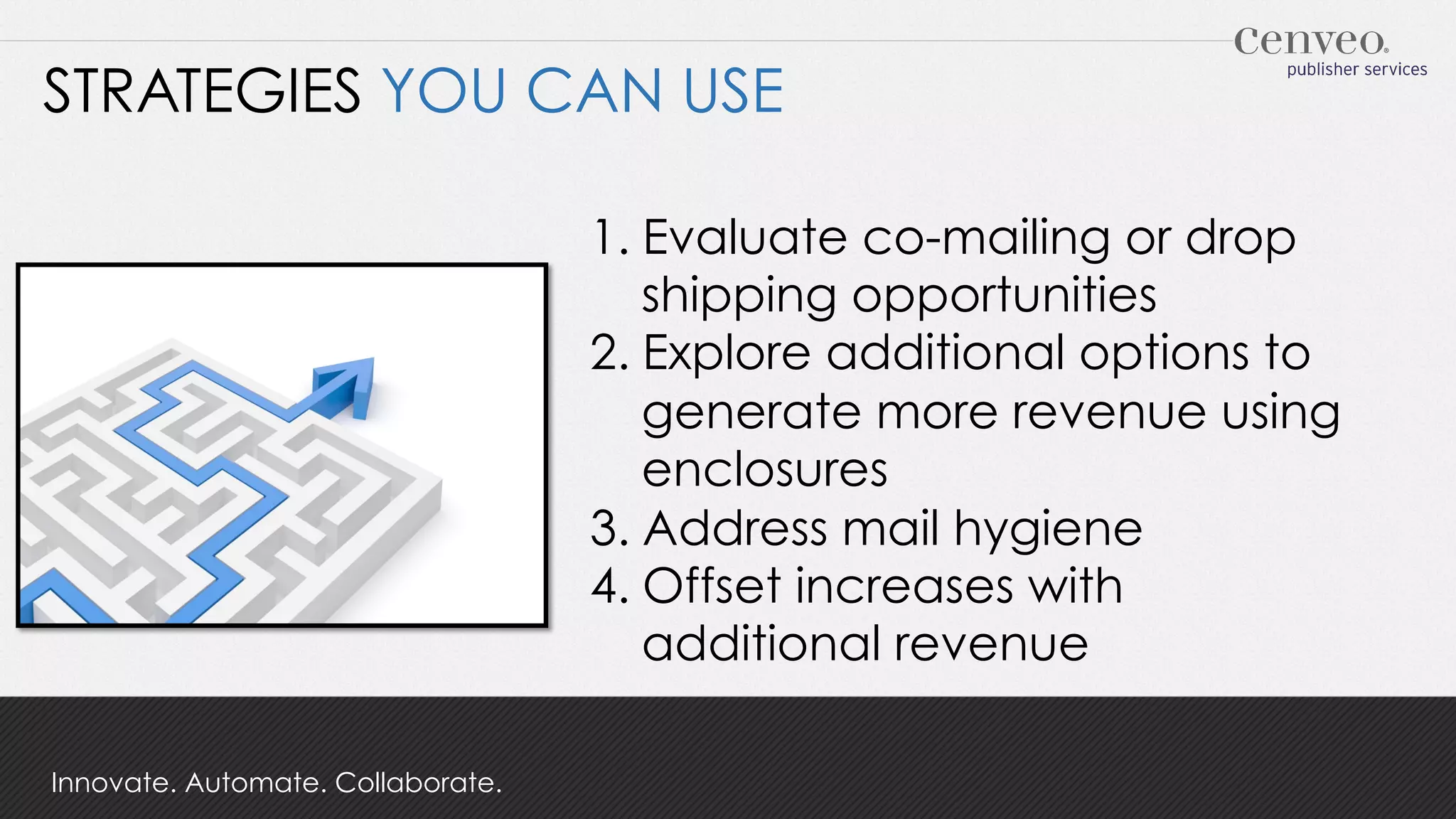 STRATEGIES YOU CAN USE
1.  Evaluate co-mailing or drop
shipping opportunities
2.  Explore additional options to
generate more revenue using
enclosures
3.  Address mail hygiene
4.  Offset increases with
additional revenue
Innovate. Automate. Collaborate.

 
