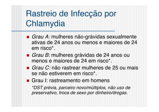 Rastreio de Infecção por
Chlamydia
   Grau A: mulheres não-grávidas sexualmente
    ativas de 24 anos ou menos e maiores de 24
    em risco*.
   Grau B: mulheres grávidas de 24 anos ou
    menos e maiores de 24 em risco*.
   Grau C: não rastrear mulheres de 25 ou mais
    se não estiverem em risco*.
   Grau I: rastreamento em homens
    *DST prévia, parceiro novo/múltiplos, não uso de
    preservativo, troca de sexo por dinheiro/drogas.
 
