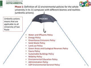 Phase 1: Definition of 12 environmental policies for the whole
university in its 11 campuses with different biomes and rea...