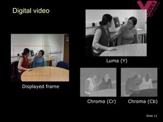 Digital video




                            Luma (Y)




   Displayed frame


                     Chroma (Cr)       Chroma (Cb)


                                             Slide 11
 