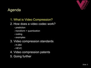 Agenda

• 1. What is Video Compression?
• 2. How does a video codec work?
   –   - prediction
   –   - transform + quantization
   –   - coding
   –   - examples
• 3. Video compression standards
   – - H.264
   – - HEVC
• 4. Video compression patents
• 5. Going further

                                    Slide 3
 