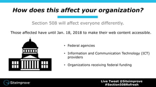How does this affect your organization?
Section 508 will affect everyone differently.
Those affected have until Jan. 18, 2018 to make their web content accessible.
• Federal agencies
• Information and Communication Technology (ICT)
providers
• Organizations receiving federal funding
Live Tweet @Siteimprove
#Section508Refresh
 