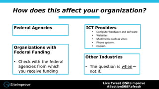How does this affect your organization?
Federal Agencies ICT Providers
• Computer hardware and software
• Websites
• Multimedia such as video
• Phone systems
• Copiers
Organizations with
Federal Funding
• Check with the federal
agencies from which
you receive funding
Other Industries
• The question is when—
not if.
Live Tweet @Siteimprove
#Section508Refresh
 