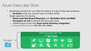 HDFS Compatible REST API
ADL Store
Storage
• Architected and built for very high throughput at scale for Big Data workloads
• No limits to file size, account size or number of files
• Single-repository for sharing
• Cloud-scale distributed filesystem with file/folder ACLS and RBAC
• Encryption-at-rest by default with Azure Key Vault
• Authenticated access with Azure Active Directory integration
• Formal Certifications incl. ISO, SOC, PCI, HIPAA
 