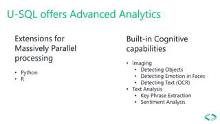 U-SQL offers Advanced Analytics
Extensions for
Massively Parallel
processing
• Python
• R
Built-in Cognitive
capabilities
• Imaging
• Detecting Objects
• Detecting Emotion in Faces
• Detecting Text (OCR)
• Text Analysis
• Key Phrase Extraction
• Sentiment Analysis
 