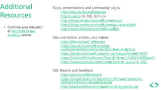 Additional
Resources
Blogs, presentations and community pages:
http://aka.ms/AzureDataLake
http://usql.io (U-SQL Github)
http://blogs.msdn.microsoft.com/mrys/
http://blogs.msdn.microsoft.com/azuredatalake/
http://www.slideshare.net/MichaelRys
Documentation, articles, and videos:
http://aka.ms/usql_reference
https://azure.microsoft.com/en-
us/documentation/services/data-lake-analytics/
https://msdn.microsoft.com/en-us/magazine/mt614251
https://channel9.msdn.com/Search?term=U-SQL#ch9Search
https://www.youtube.com/results?search_query=U-SQL
ADL forums and feedback
http://aka.ms/adlfeedback
https://social.msdn.microsoft.com/Forums/azure/en-
US/home?forum=AzureDataLake
http://stackoverflow.com/questions/tagged/u-sql
• Continue your education
at Microsoft Virtual
Academy online.
 
