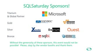 SQLSaturday Sponsors!
Titanium
& Global Partner
Gold
Silver
Bronze
Without the generosity of these sponsors, this event would not be
possible! Please, stop by the vendor booths and thank them.
 
