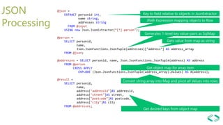 JSON
Processing
@json =
EXTRACT personid int,
name string,
addresses string
FROM @input
USING new Json.JsonExtractor(“[*].person");
@person =
SELECT personid,
name,
Json.JsonFunctions.JsonTuple(addresses)["address"] AS address_array
FROM @json;
@addresses = SELECT personid, name, Json.JsonFunctions.JsonTuple(address) AS address
FROM @person
CROSS APPLY
EXPLODE (Json.JsonFunctions.JsonTuple(address_array).Values) AS A(address);
@result =
SELECT personid,
name,
address["addressid"]AS addressid,
address["street"]AS street,
address["postcode"]AS postcode,
address["city"]AS city
FROM @addresses;
 