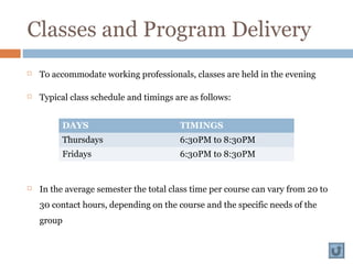Classes and Program Delivery
 To accommodate working professionals, classes are held in the evening
 Typical class schedule and timings are as follows:
 In the average semester the total class time per course can vary from 20 to
30 contact hours, depending on the course and the specific needs of the
group
DAYS TIMINGS
Thursdays 6:30PM to 8:30PM
Fridays 6:30PM to 8:30PM
 