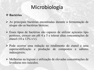 Microbiologia
 Bactérias
 As principais bactérias encontradas durante a fermentação de
uísque são as bactérias lácticas;
 Esses tipos de bactérias são capazes de utilizar açúcares tipo
pentoses, crescer em pH 4 a 5 e tolerar altas concentrações de
etanol (10 a 12% v/v).
 Pode ocorrer uma redução no rendimento do etanol e uma
superacidificação e produção de compostos e sabores
indesejáveis;
 Melhorias na higiene e utilização de elevadas concentrações de
leveduras nos inóculos.
 
