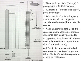 1) O mosto fermentado (Cerveja) é
preaquecido a 90°C (2° coluna);
2) Alimenta a 1° coluna (analisador),
próximo ao topo;
3) Pela base da 1° coluna é injetado
vapor, arrastando os compostos
voláteis, sendo removidos no topo da
coluna;
4) Na coluna retificadora (2) os dife-
rentes componentes são separados
de acordo com a sua volatilidade;
5) O produto final é coletado em um
nível próximo do topo do retificador
(5 a 10 pratos do topo);
6) A fração de cabeça é retirada do
condensador e os álcoois superiores
(óleos fúseis) são coletados próximo
a base do retificador.
 