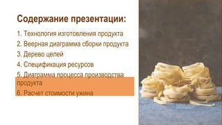 1. Технология изготовления продукта
2. Веерная диаграмма сборки продукта
3. Дерево целей
4. Спецификация ресурсов
5. Диаграмма процесса производства
продукта
6. Расчет стоимости ужина
Содержание презентации:
 