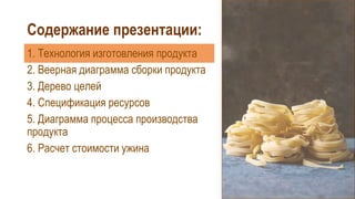 Содержание презентации:
1. Технология изготовления продукта
2. Веерная диаграмма сборки продукта
3. Дерево целей
4. Спецификация ресурсов
5. Диаграмма процесса производства
продукта
6. Расчет стоимости ужина
 