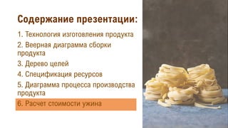 Содержание презентации:
1. Технология изготовления продукта
2. Веерная диаграмма сборки
продукта
3. Дерево целей
4. Спецификация ресурсов
5. Диаграмма процесса производства
продукта
6. Расчет стоимости ужина
 
