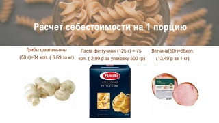 Расчет себестоимости на 1 порцию
Паста феттучини (125 г) = 75
коп. ( 2,99 р за упаковку 500 гр)
Грибы шампиньоны
(50 г)=34 коп. ( 6.69 за кг)
Ветчина(50г)=68коп.
(13,49 р за 1 кг)
 