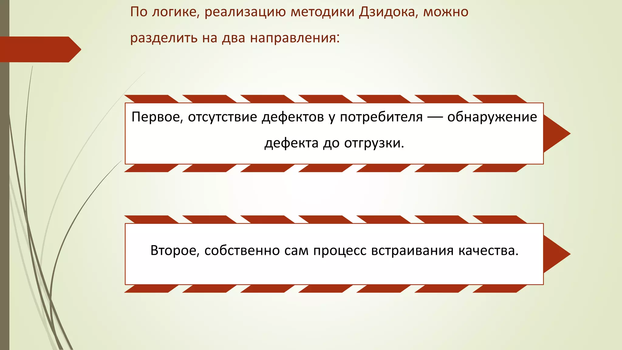 По логике, реализацию методики Дзидока, можно
разделить на два направления:
Первое, отсутствие дефектов у потребителя — обнаружение
дефекта до отгрузки.
Второе, собственно сам процесс встраивания качества.
 