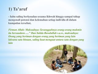 Firman Allah: Maksudnya: Sesungguhnya orang-orang mukmin
itu bersaudara ....." Dan Sabda Rasulullah s.a.w., maksudnya:
Orang yang beriman dengan orang yang beriman yang lain
laksana satu binaan, saling kuat menguat antara satu dengan yang
lain
 