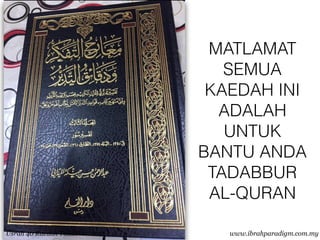 MATLAMAT
SEMUA
KAEDAH INI
ADALAH
UNTUK
BANTU ANDA
TADABBUR
AL-QURAN
www.ibrahparadigm.com.myUsrah 40 Kaedah Tadabbur 2017
 
