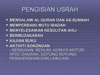 PENGISIAN USRAH
   MENDALAMI AL-QURAN DAN AS-SUNNAH
   MEMPERBAIKI MUTU IBADAH
   MENYELESAIKAN KESULITAN AHLI
   BERMUZAKARAH
   KAJIAN BUKU
   AKTIVITI SOKONGAN
    - BERSUKAN, REHLAH, KONVOI MOTOR,
    XPDC DAKWAH, GOTONG ROYONG,
    PERKHEMAHAN DAN LAIN-LAIN.
 
