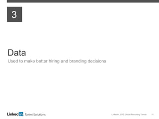 LinkedIn 2013 Global Recruiting Trends 11
Data
Used to make better hiring and branding decisions
3
 