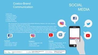 Costco-Brand
Communication
SOCIAL
MEDIA
Costco has:
6 Facebook Pages
1 Instagram Account
1 YouTube Account
6 Twitter Handles
2 LinkedIn Accounts
Total Fans- 2,505,215
Fans Gained- 12,359
Fans Growth- 0.49%
Facebook
Avg. Engagement- 426
Likes- 44,537
Comments- 2,291
Instagram
But, Among the Five most popular Social Media Marketing Network, the most valuable,
are Facebook, Instagram and YouTube.
And Costco has been suffering in the Social Media Segment because of the same. When
compared to other players in the Industry, Costco lacked behind. And they have to work
on it, as the world is rapidly moving towards a business model, that highly depends on the
way we communicate in the Digital Environment. They also have to work on there Mobile
Application, as consumers are most likely to use a mobile now, to buy products.
Number of Subscribers- 16.1K
Total Views- 14,137,530
Total YouTube Videos- 240
The most popular Video has
1.4M Views
Youtube
$4.2bn 1.2% 13.34m
Costco’s e-commerce net
sales
Costco’s Market Share of U.S,
Retail e-commerce
Costco’s Mobile Shopping
App monthly visitors
 